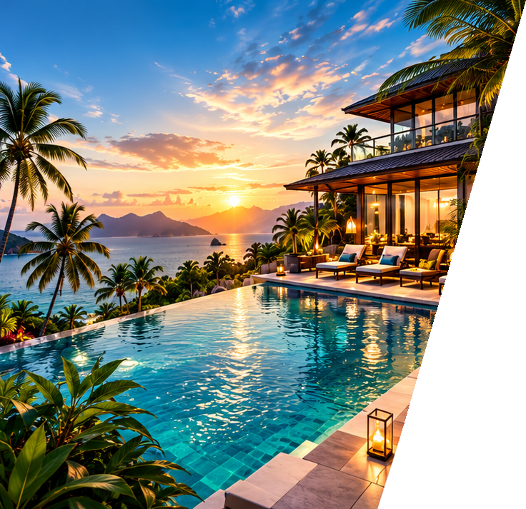 Sunset over a tropical villa and infinity pool