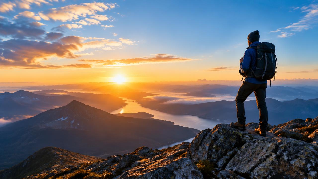 Hiker on a mountain summit at sunrise