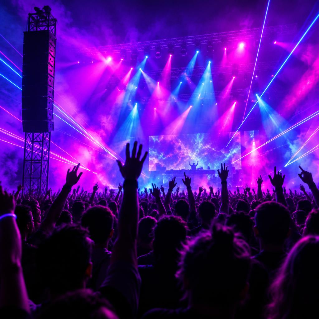 Concert crowd under colourful stage lighting and confetti