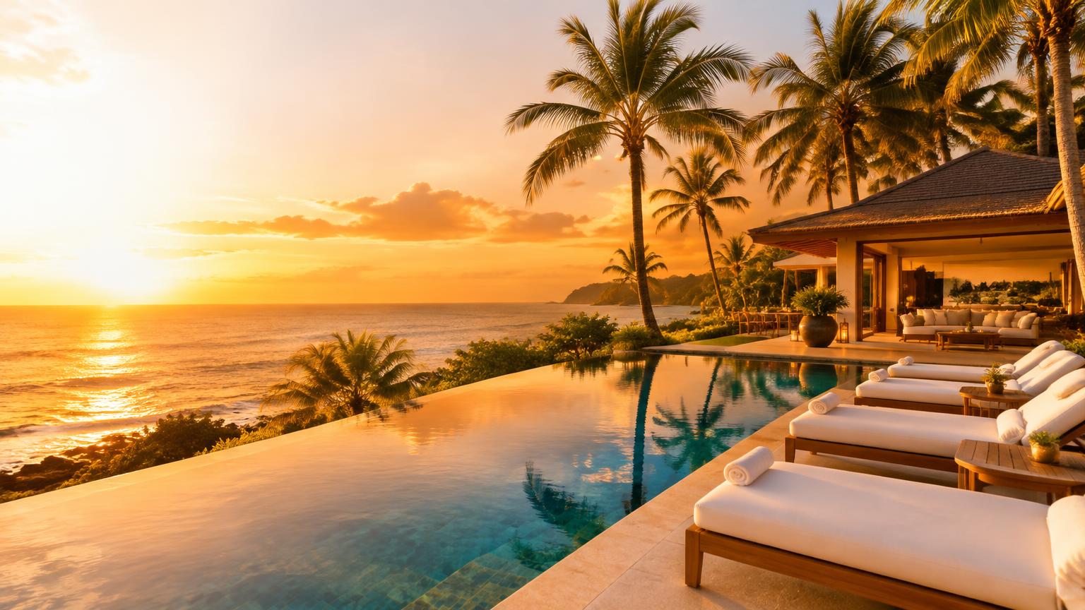 Sunset over a tropical villa and infinity pool