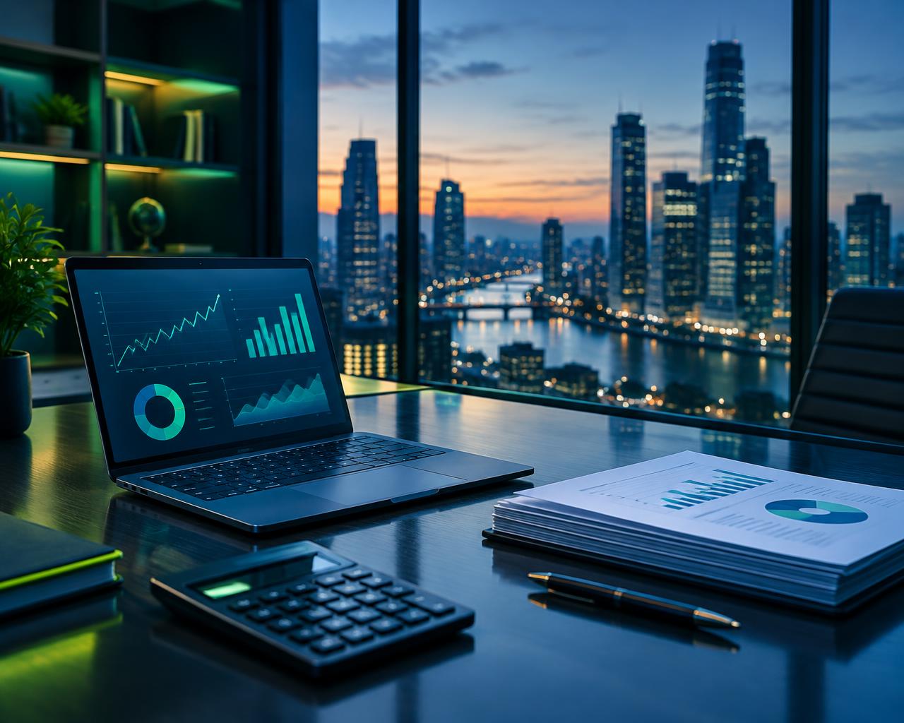 Finance desk with laptop charts, calculator and reports overlooking a city skyline at dusk