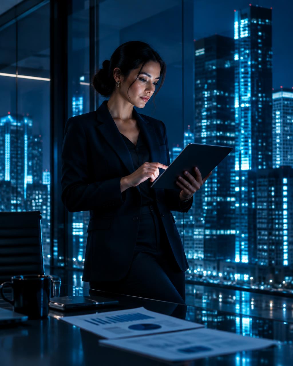 Finance desk with laptop charts, calculator and reports overlooking a city skyline at dusk