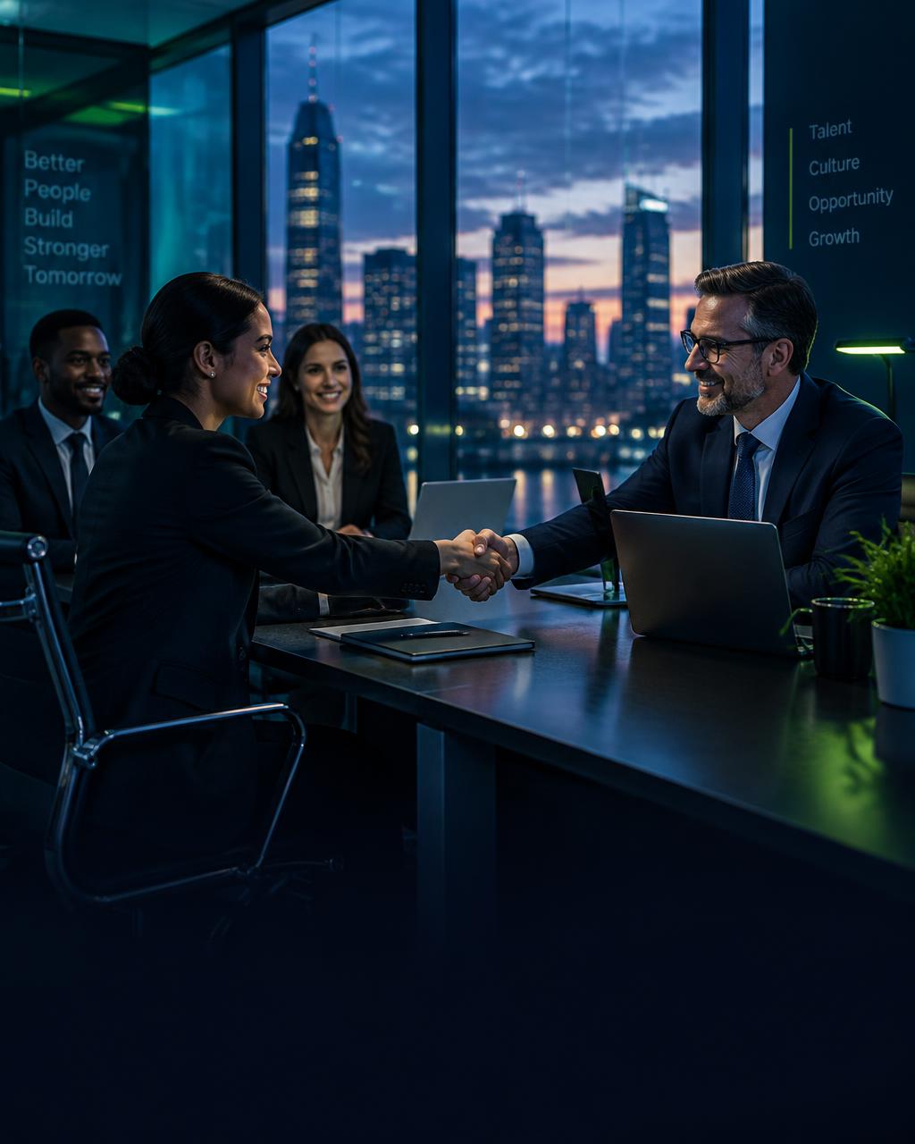 Professionals shaking hands in a modern corporate office at dusk