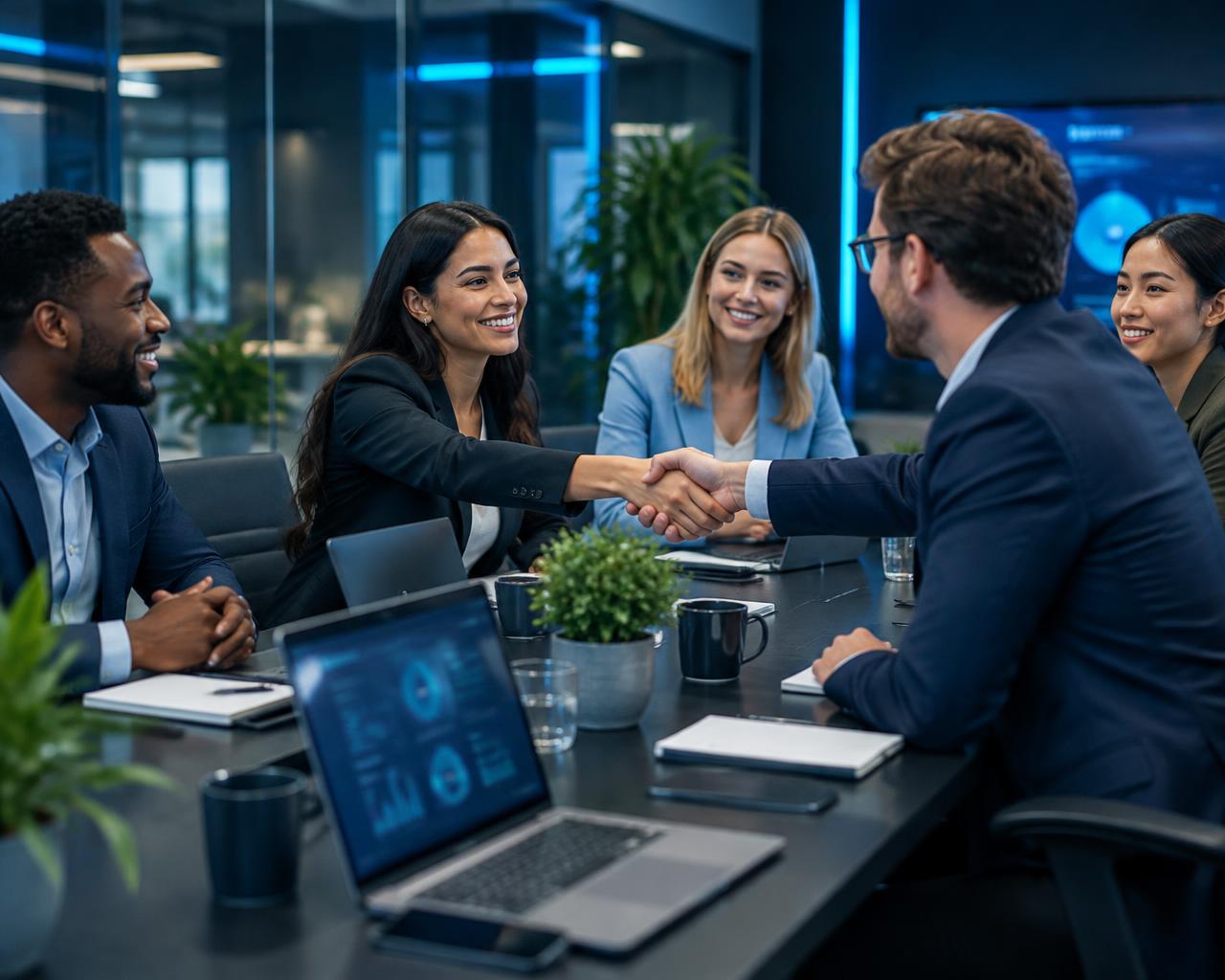 Professionals shaking hands in a modern corporate office at dusk