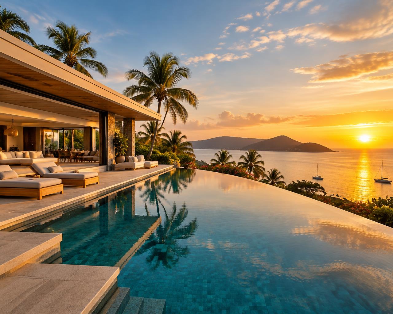 Sunset over a tropical villa and infinity pool