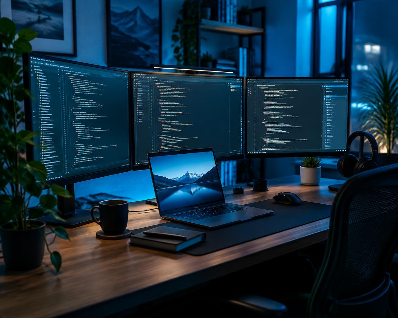 Modern developer workspace with code on multiple screens